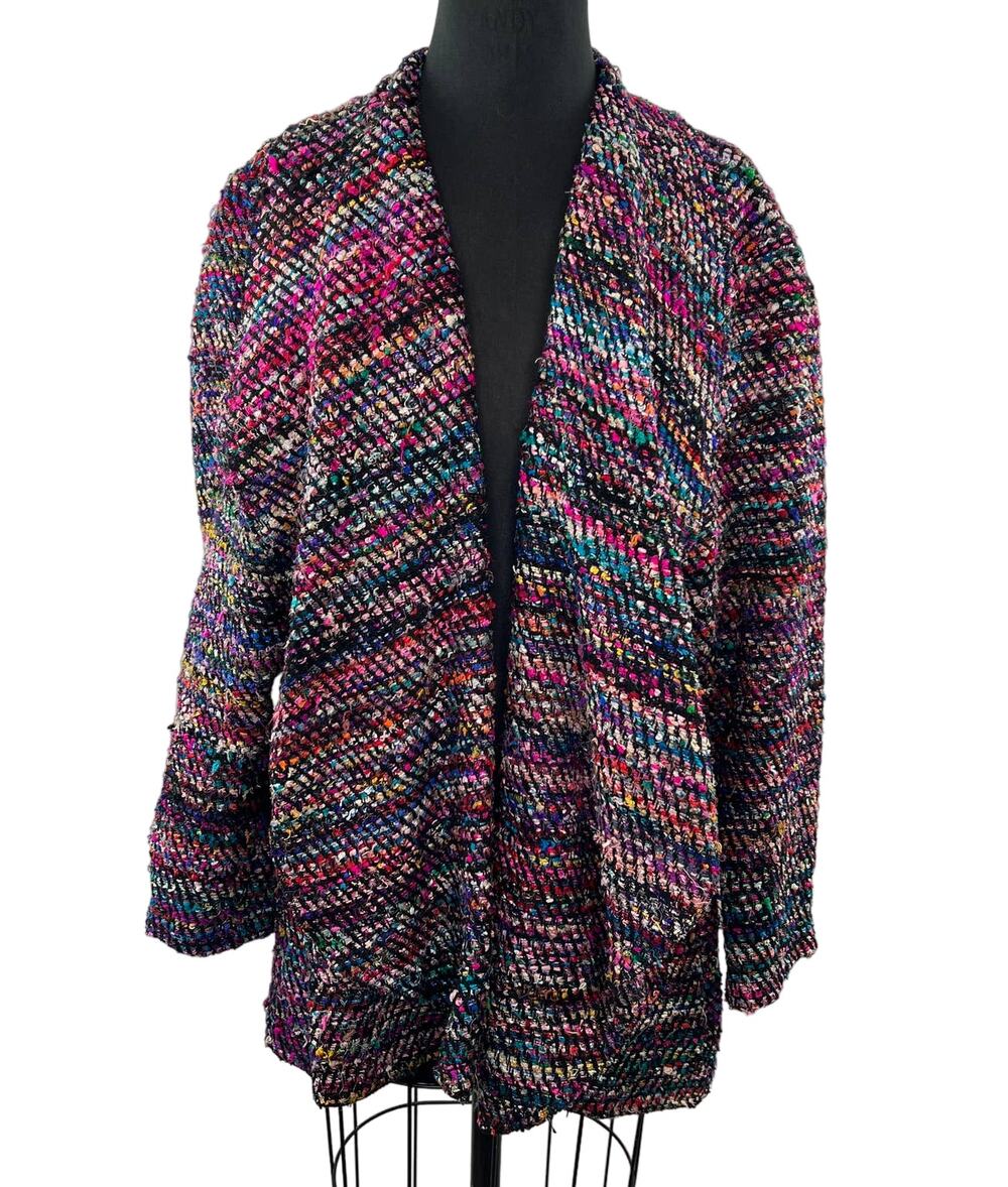 SILK Multi-Color Yarn Nubby Woven Relaxed Long Sleeve Sweater Cardigan Jacket M